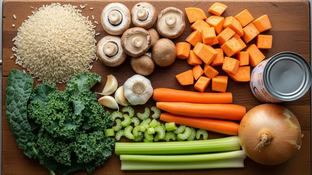 Cozy Autumn Wild Rice Soup ingredients flat lay