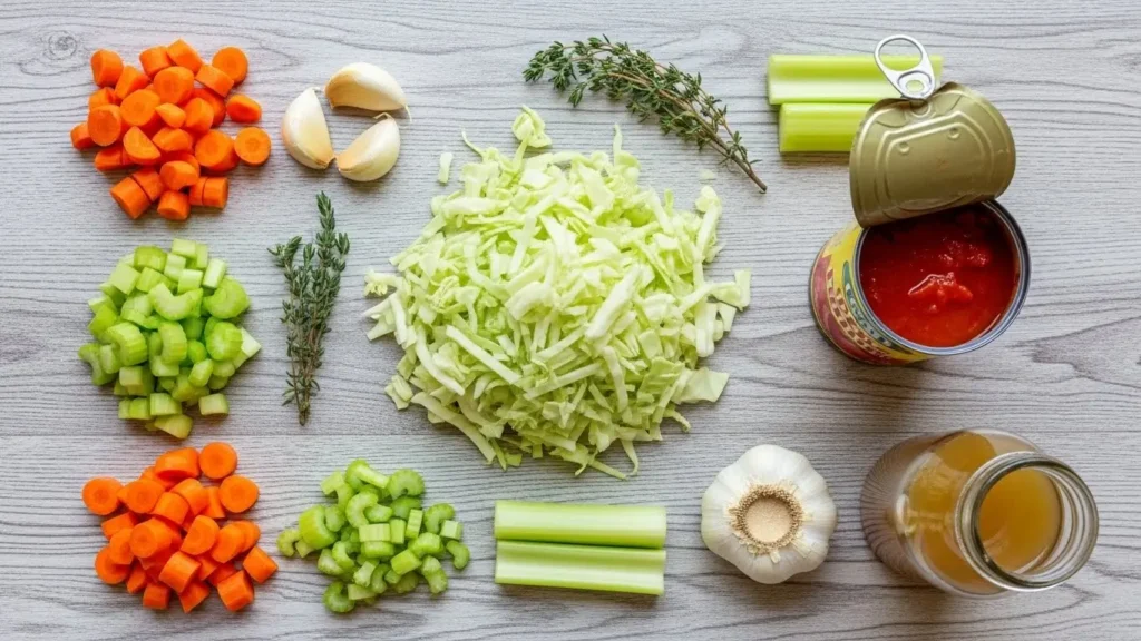 Cozy Cabbage Soup ingredients on wooden surface
