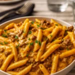Creamy High Protein Beef Pasta in a bowl