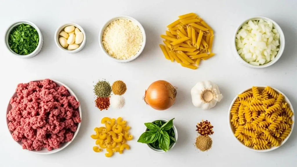 Creamy High Protein Beef Pasta ingredients flat lay