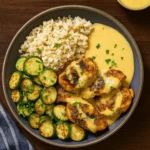 Creamy Lemon Butter Chicken on plate with sauce and zucchini