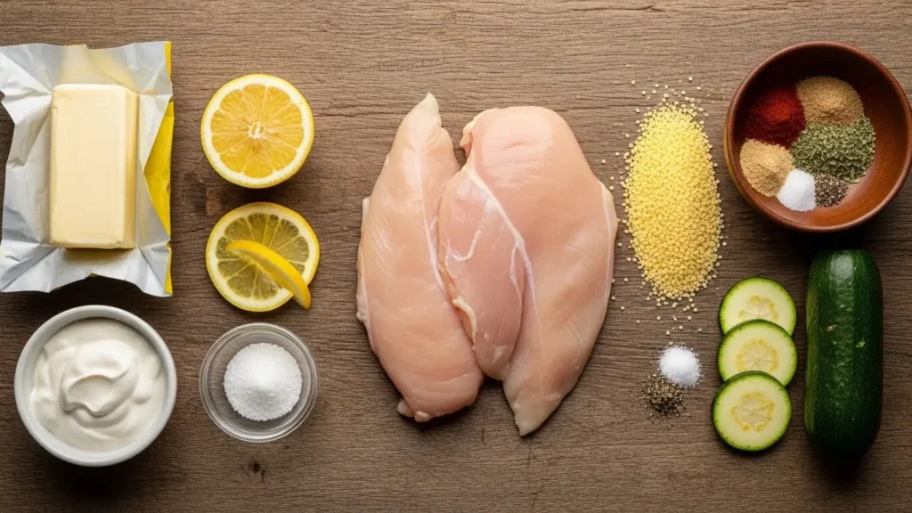 Creamy Lemon Butter Chicken ingredients flat lay