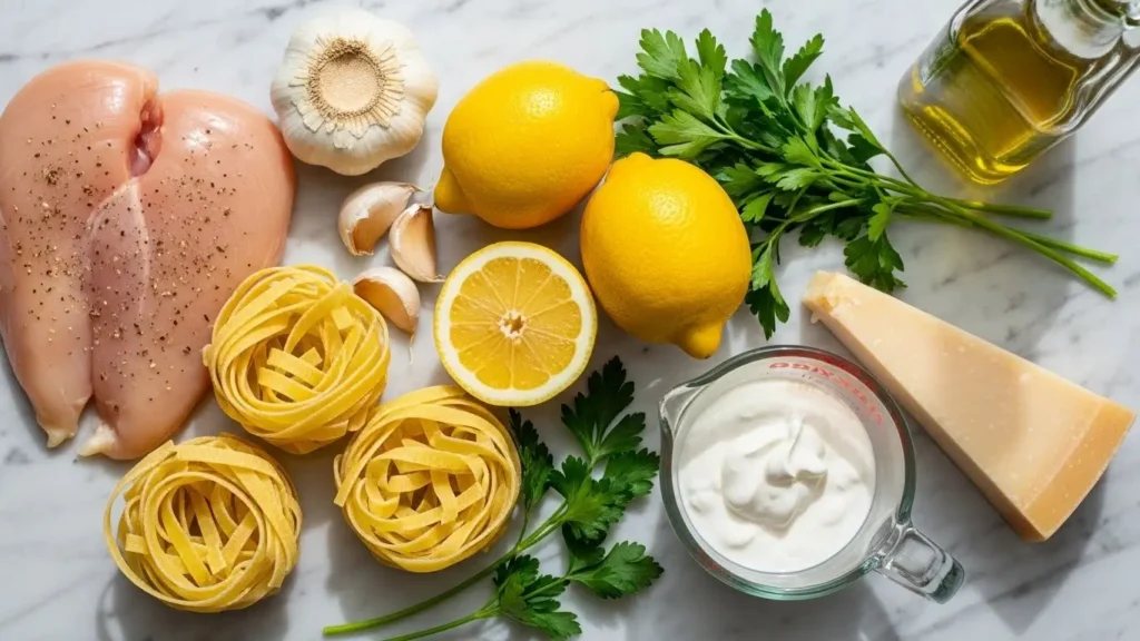Ingredients for Creamy Lemon Chicken Pasta on countertop