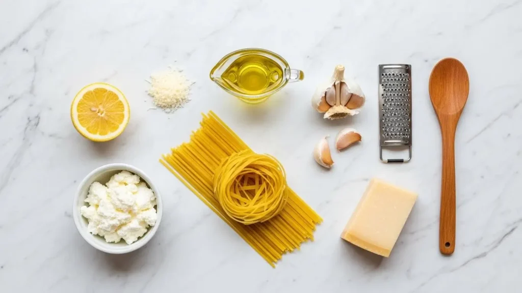 Ingredients for creamy lemon ricotta pasta on marble surface