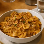 Creamy Parmesan Garlic Beef Bowtie Pasta in a creamy garlic sauce