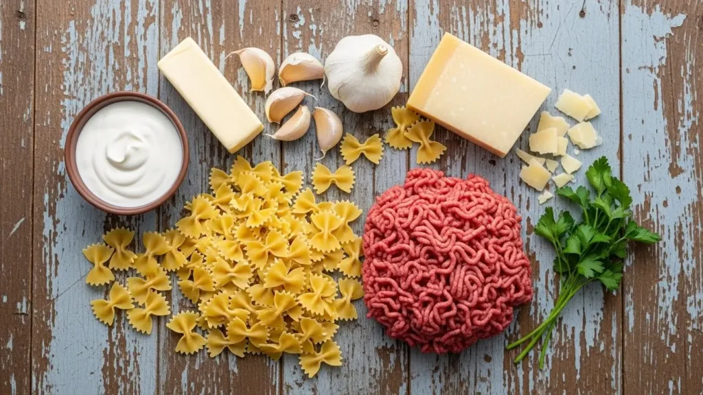 Ingredients for Creamy Parmesan Garlic Beef Bowtie Pasta