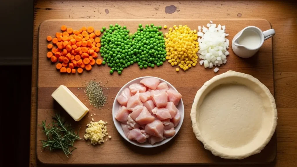 Crock Pot Chicken Pot Pie ingredients flat lay