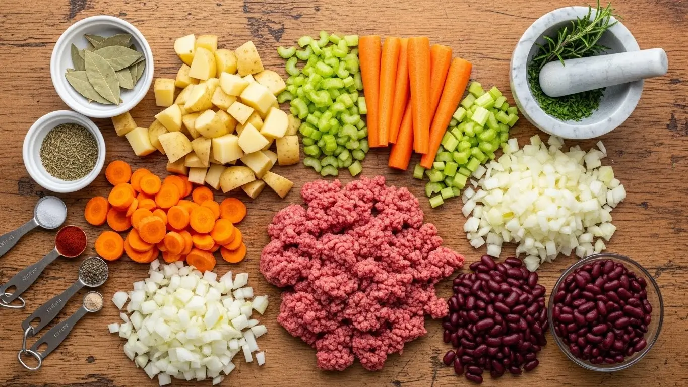 Crock Pot Shipwreck Stew ingredients laid out on counter