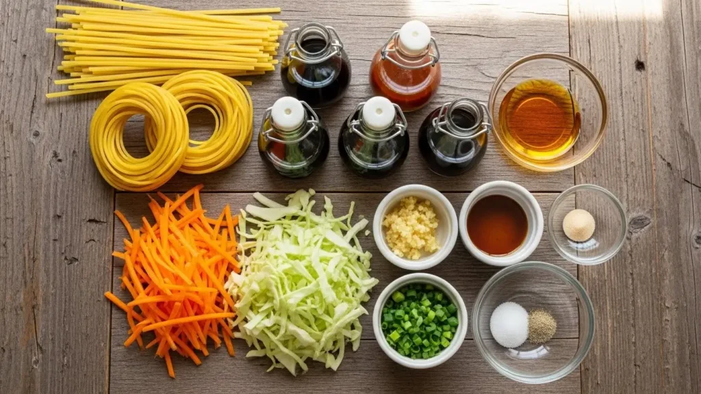 Easy 15-Minute Lo Mein ingredients on wooden table