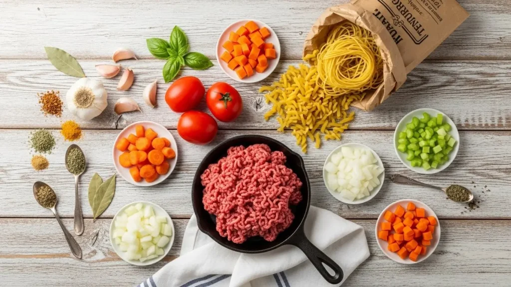 Easy Hamburger Noodle Soup ingredients laid out