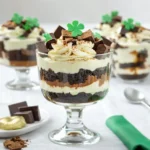 Easy St. Patrick’s Day Brownie Trifle dessert in glass bowl