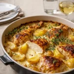 French Chicken à la Normande with apples and bacon in cider sauce