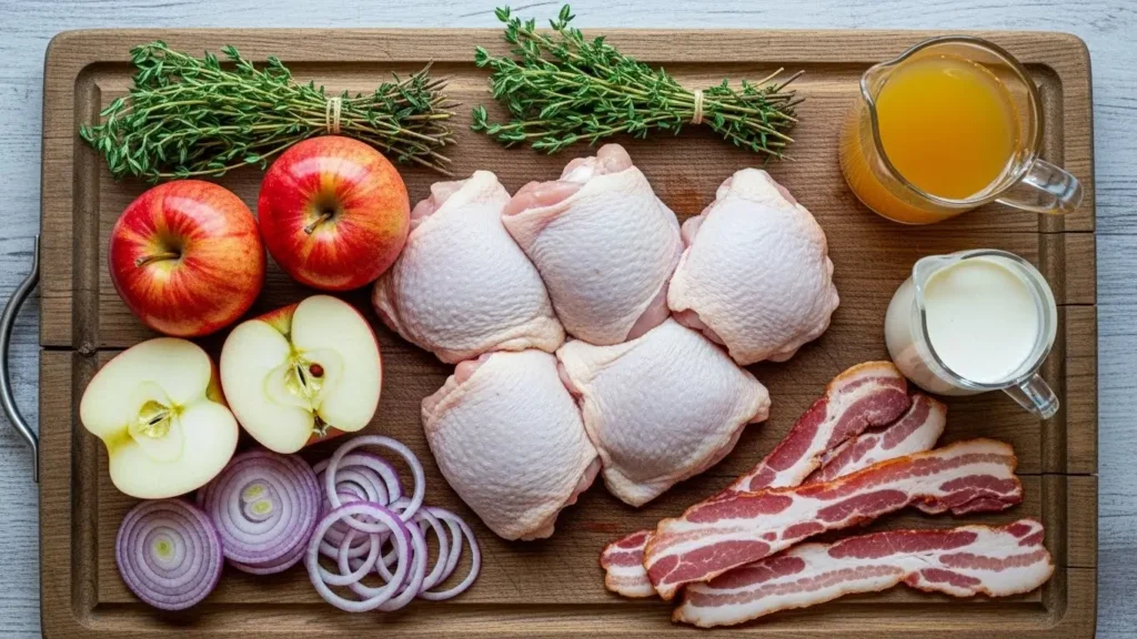 French Chicken à la Normande ingredients on wooden board