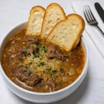 French Onion Beef Short Rib Soup with melted cheese