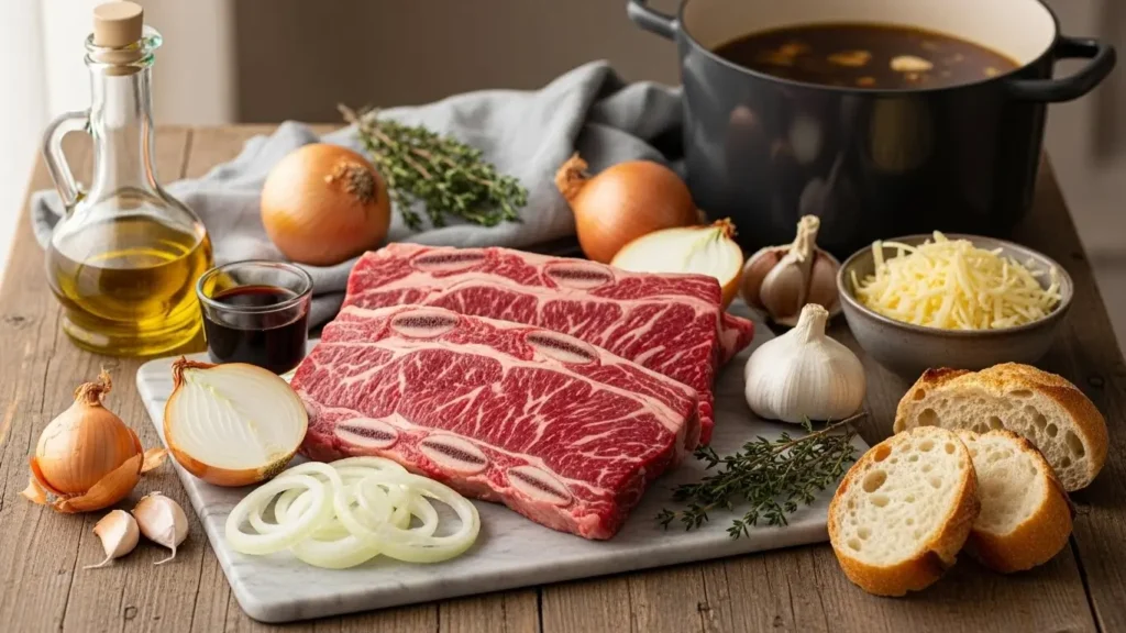 French Onion Beef Short Rib Soup ingredients on rustic table