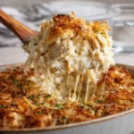 French Onion Chicken Rice Casserole baked golden brown in dish