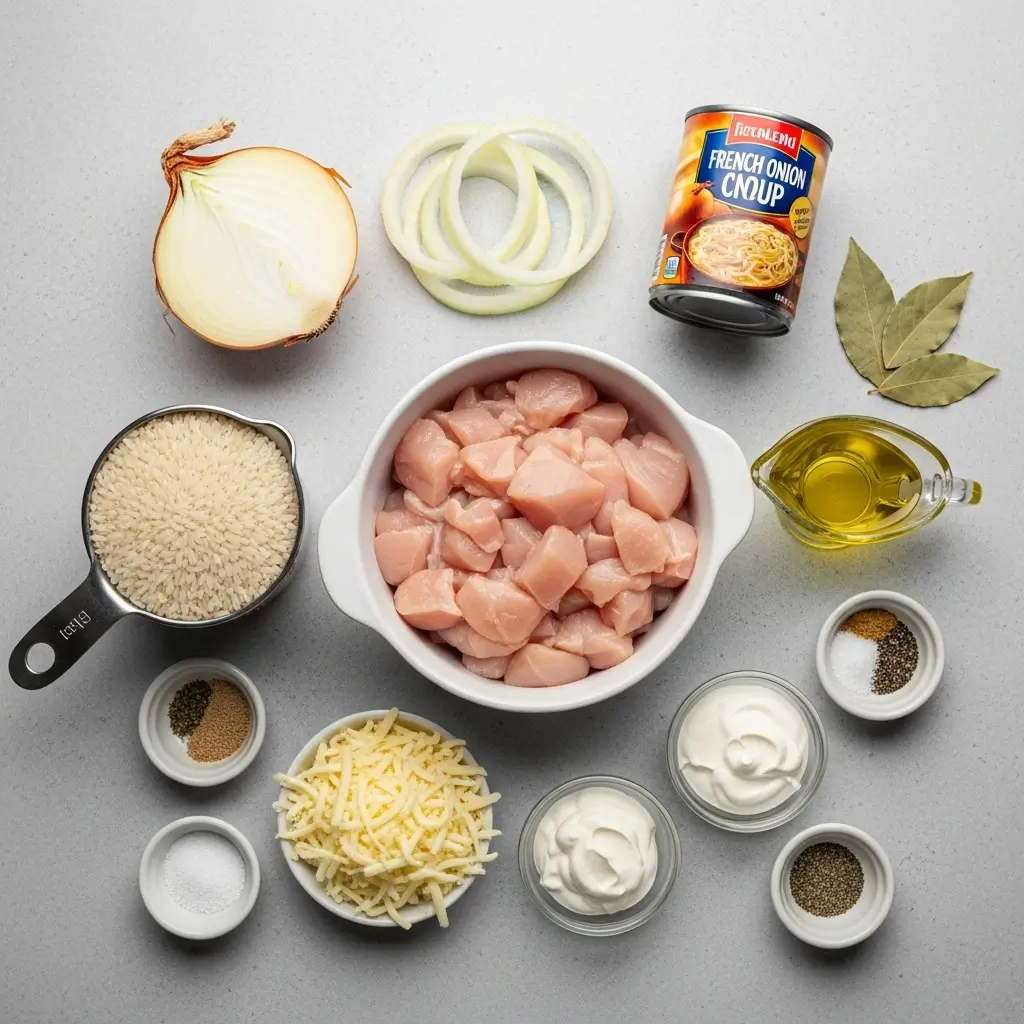 French Onion Chicken Rice Casserole ingredients arranged on counter
