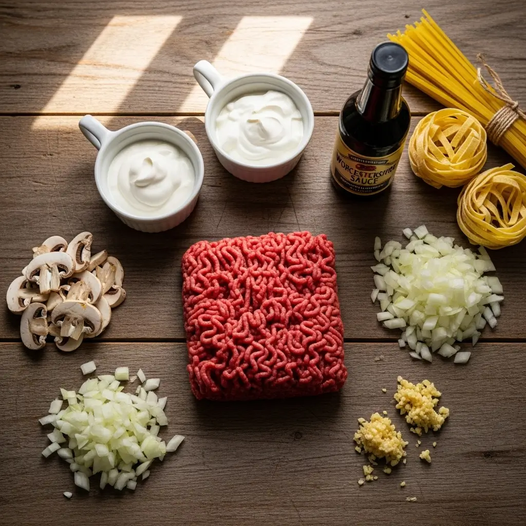 Ground Beef Stroganoff ingredients