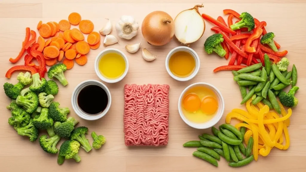 Ground Turkey Stir Fry ingredients on a wooden surface