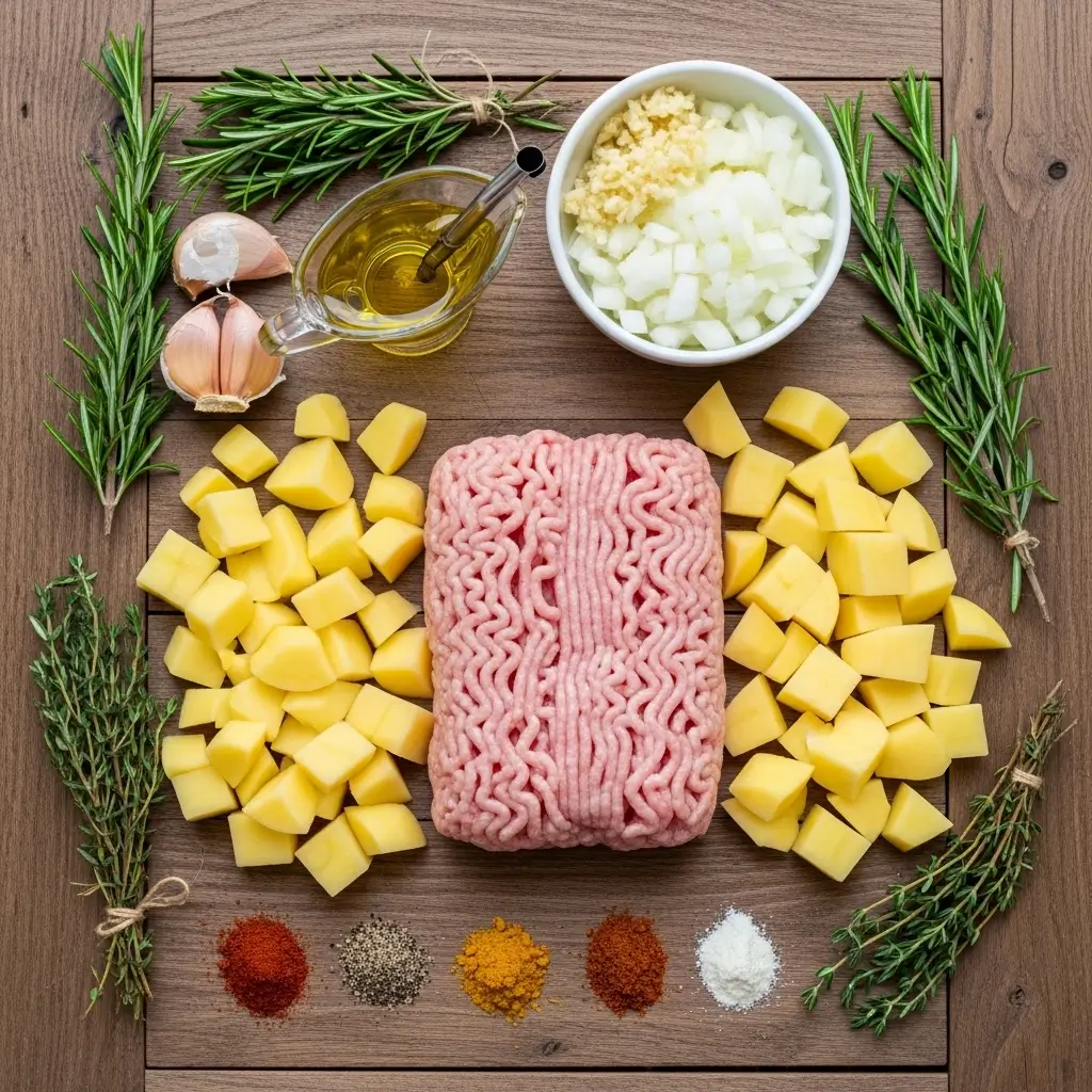 Ground turkey with potatoes ingredients flat lay