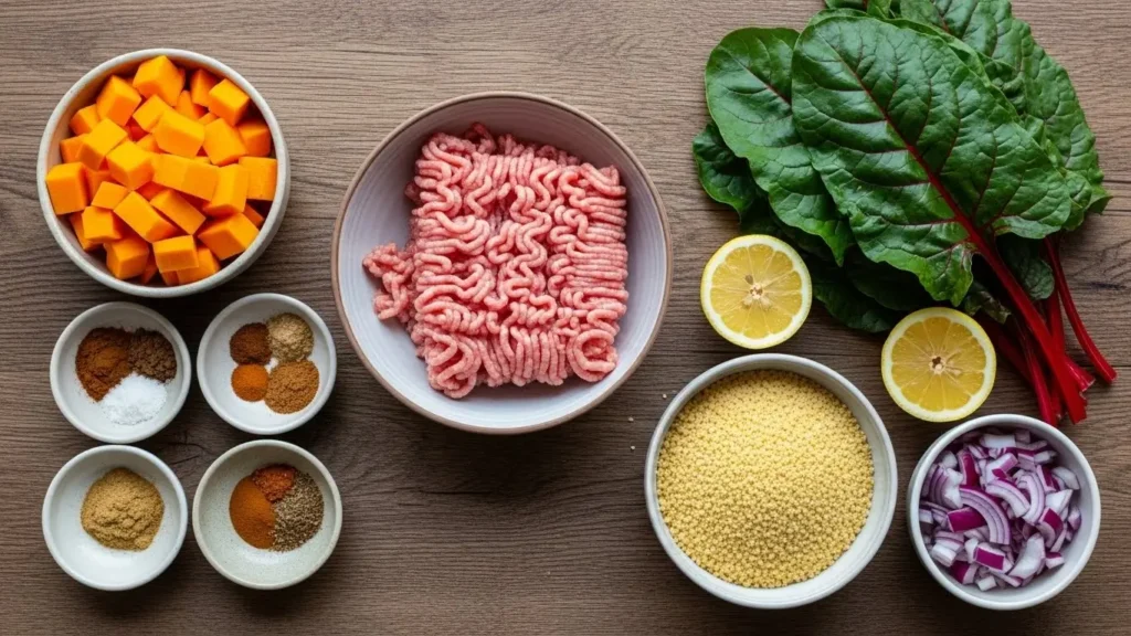 ingredients for healthy roasted butternut squash with ground turkey