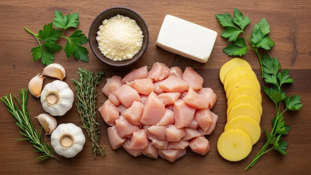 high-protein creamy garlic cheesy chicken potatoes ingredients