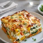 high protein veggie lasagna baked in dish