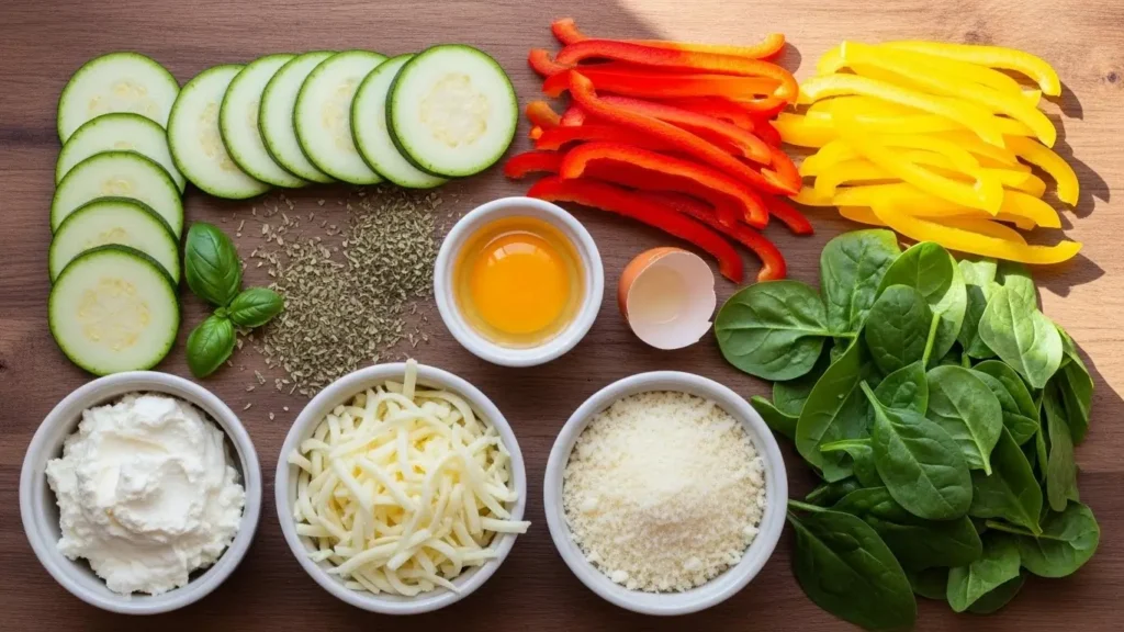 high protein veggie lasagna ingredients flat lay