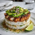 Honey Lime Chicken & Avocado Rice Stack plated dinner