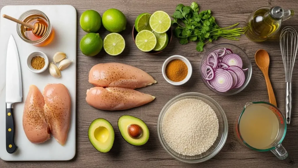 Honey Lime Chicken & Avocado Rice Stack ingredients flat lay