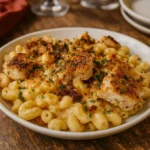 Honey Pepper Chicken Mac and Cheese in a creamy cheese sauce