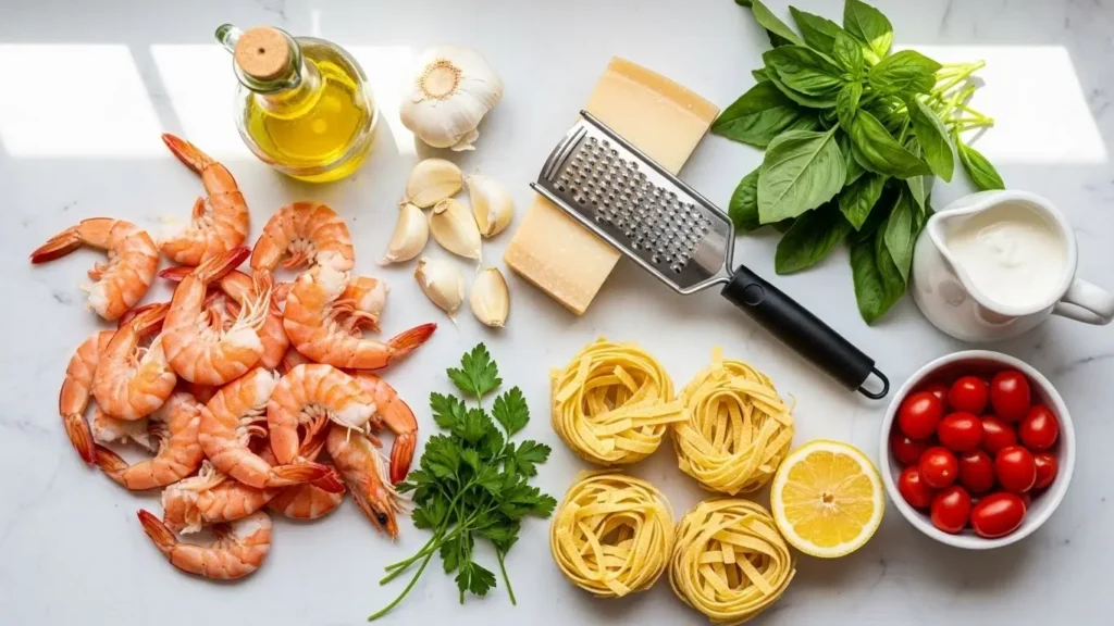 Irresistible Marry Me Shrimp Pasta ingredients flat lay