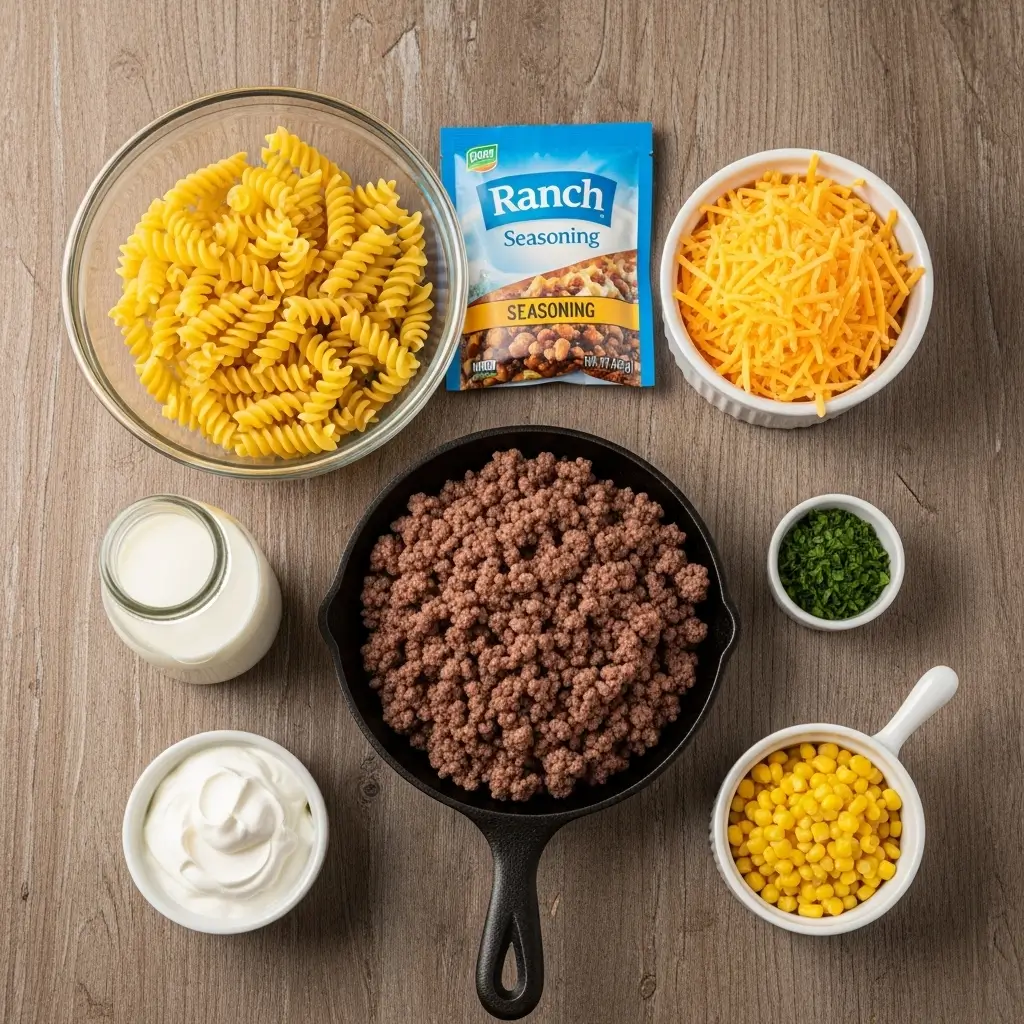 Ingredients for Loaded Cheddar Ranch Beef Casserole