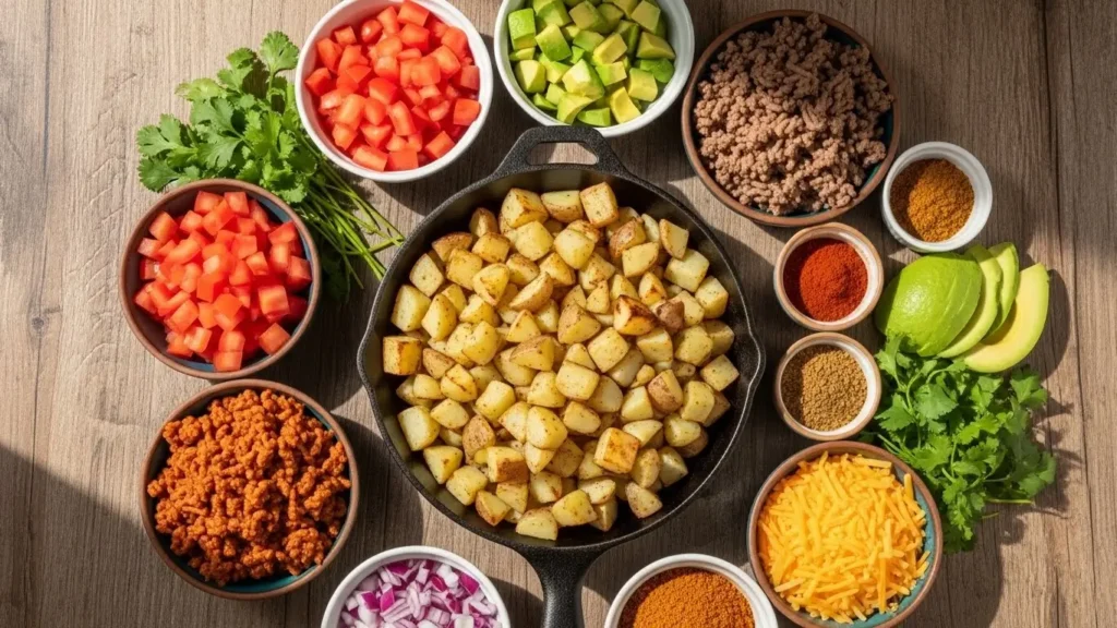Loaded Potato Taco Bowl ingredients on table
