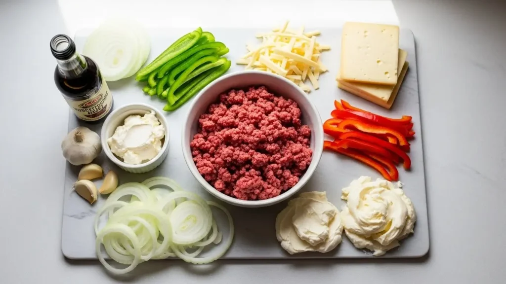 Low Carb Philly Cheesesteak Casserole ingredients on countertop