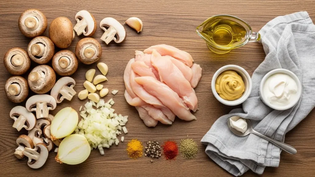 Mouthwatering Chicken Stroganoff ingredients flat lay