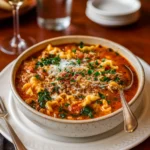 Mouthwatering One Pot Lasagna Soup in rustic bowl