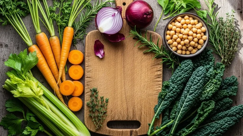 Mystical Witch Soup ingredients on wooden board