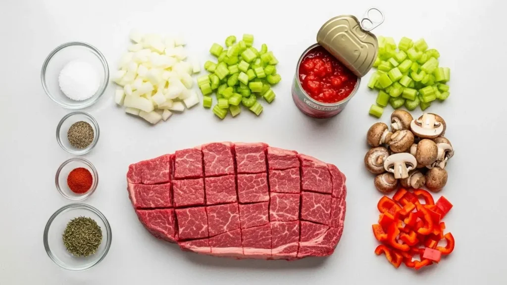 Old-Fashioned Swiss Steak ingredients on counter