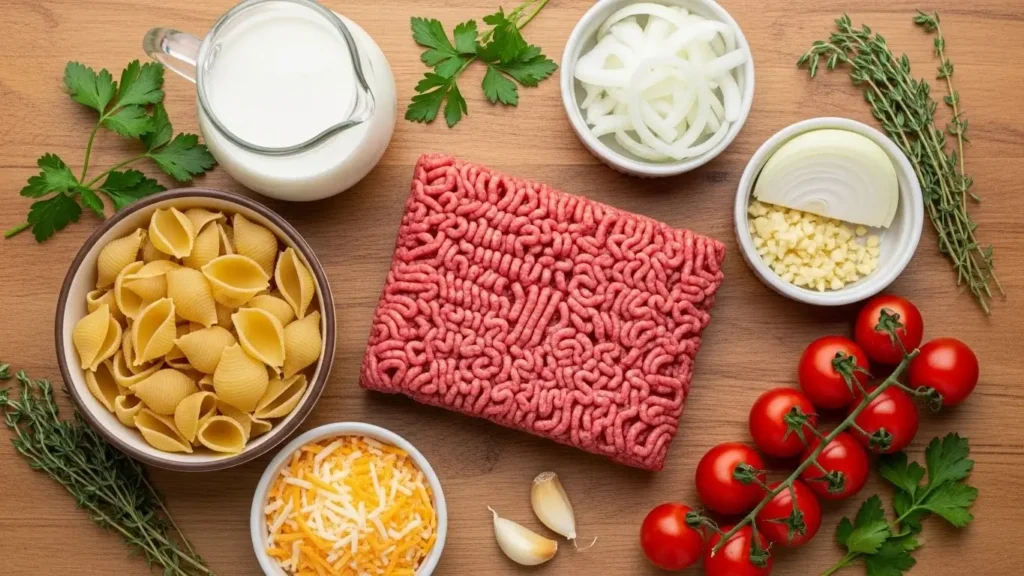 Ingredients for One Pot Creamy Beef and Shells