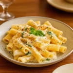 ne-Pot Lemon Ricotta Rigatoni pasta served hot with lemon and ricotta