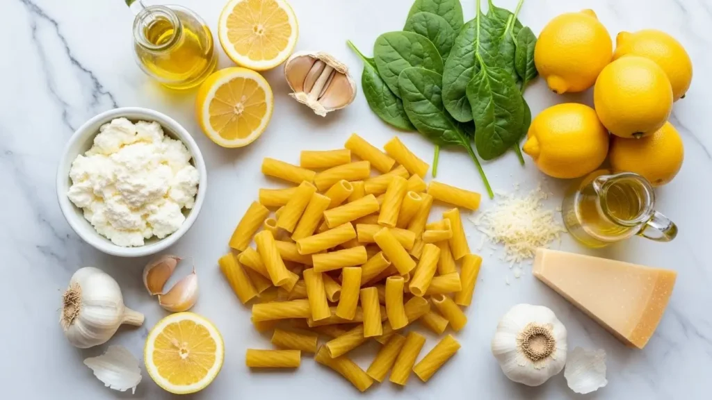Ingredients for One-Pot Lemon Ricotta Rigatoni on a kitchen counter