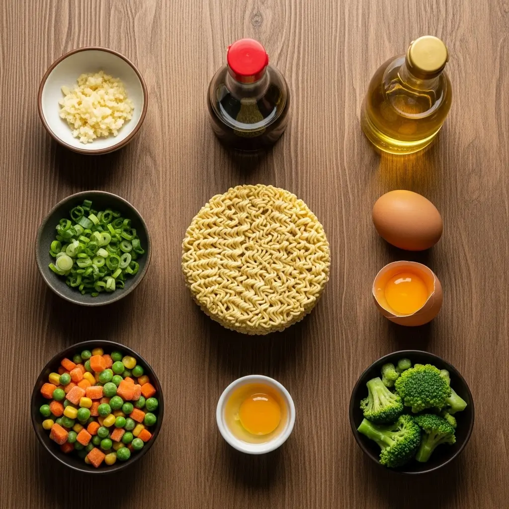 Quick Ramen Noodles ingredients flat lay