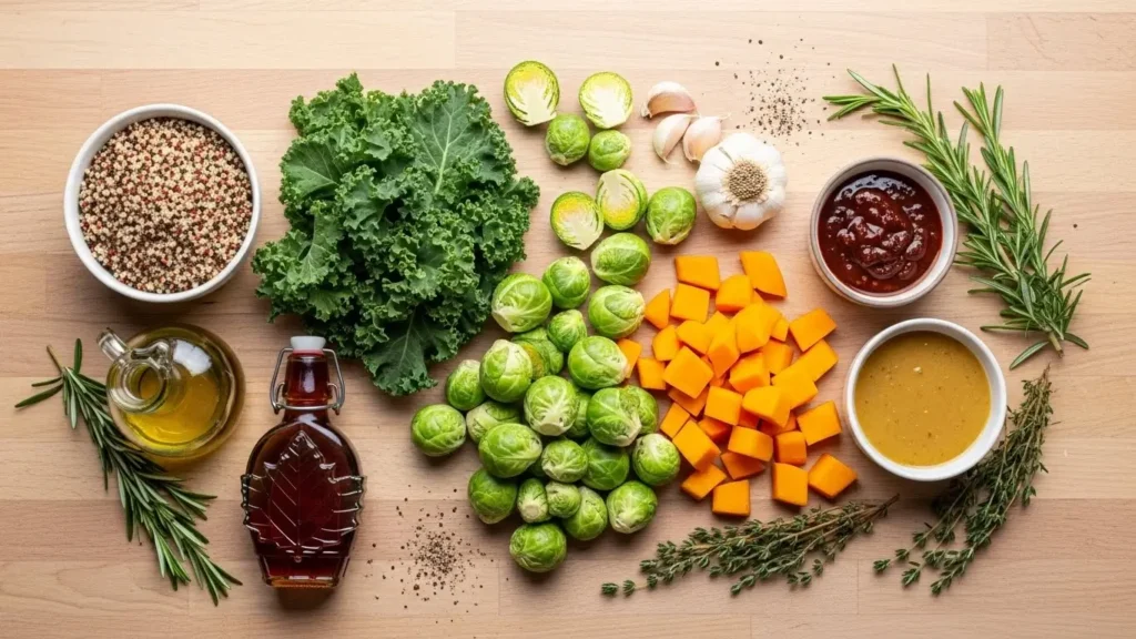 Ingredients for Quinoa and Veggie Power Bowls on wooden table