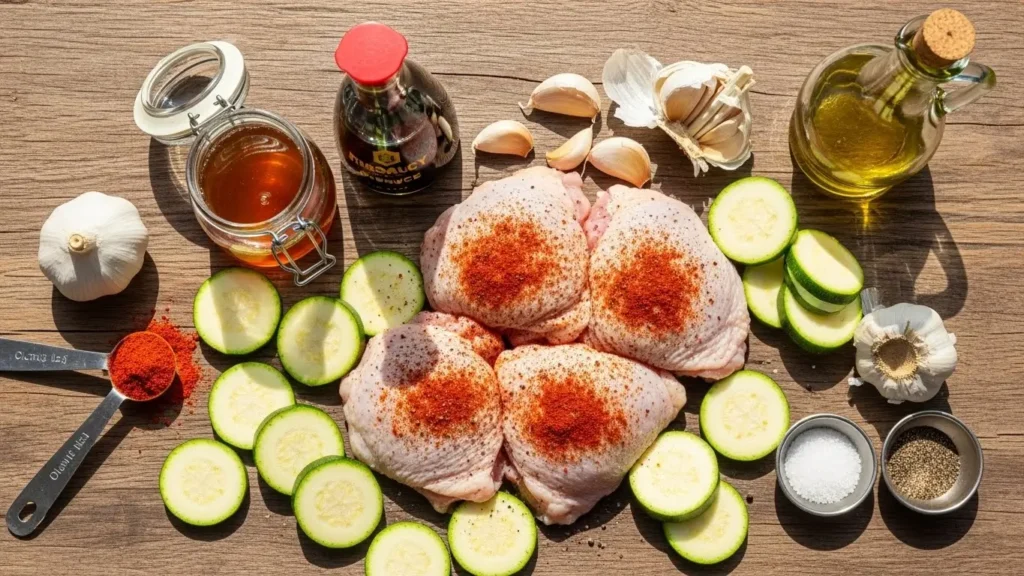 ingredients-for-sheet-pan-hot-honey-garlic-chicken-and-zucchini