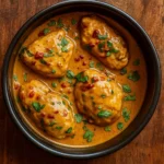 Slow-Cooked Thai Peanut Chicken served over rice with cilantro and peanuts