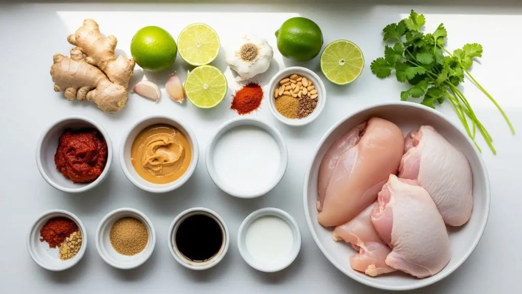 Ingredients for Slow-Cooked Thai Peanut Chicken including peanut butter, coconut milk, and spices