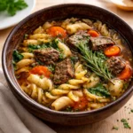 Traditional German Beef Noodle Soup in rustic bowl