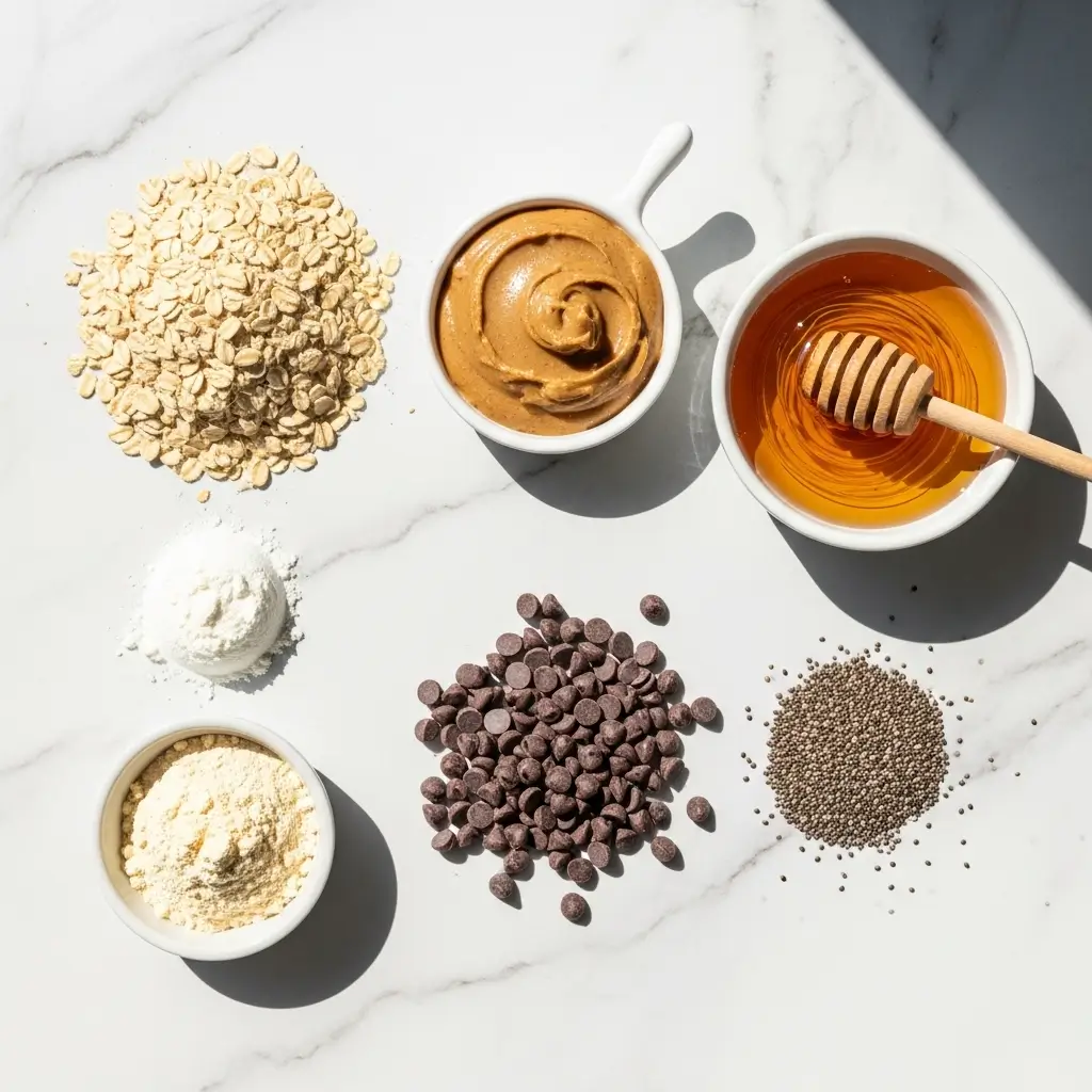 Nutty Protein Balls Recipe ingredients flat lay