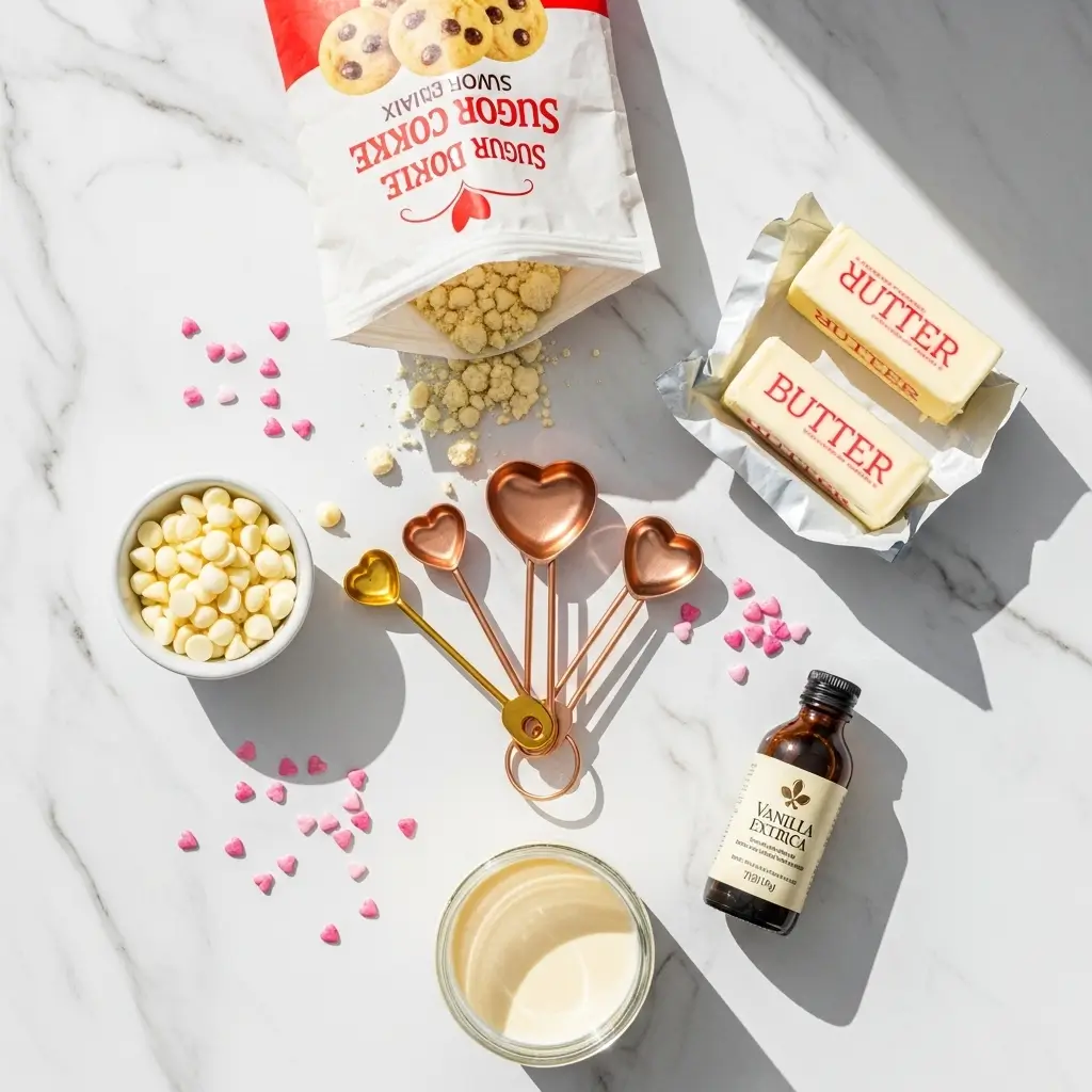 Valentine Day Sugar Cookie Fudge ingredients flat lay